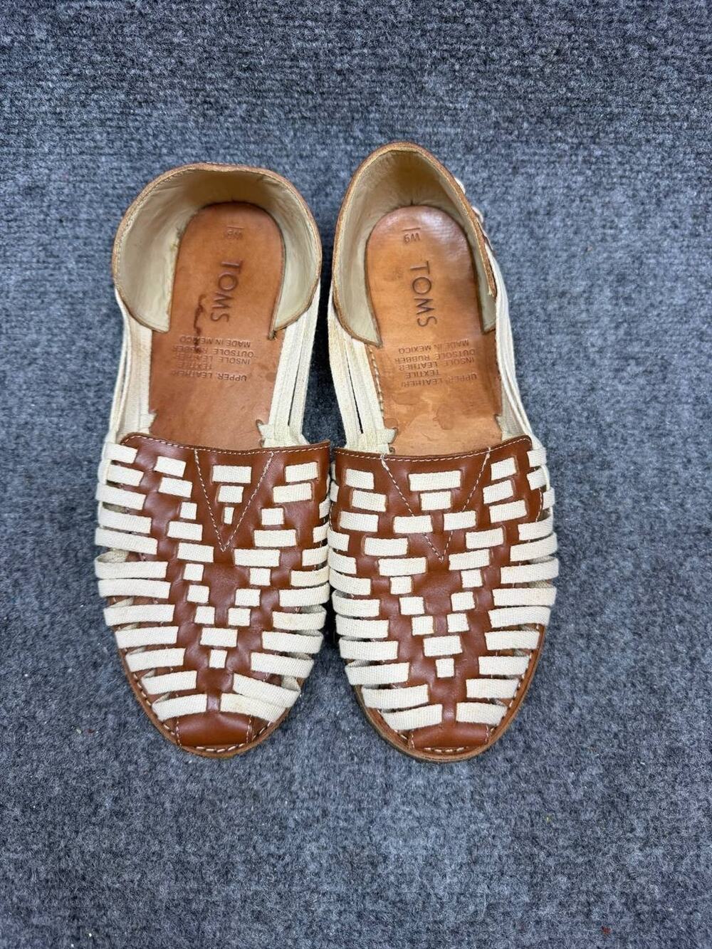 TOMS Women Huarache Sandals Brown Beige Leather Textile W9 Made Mexico